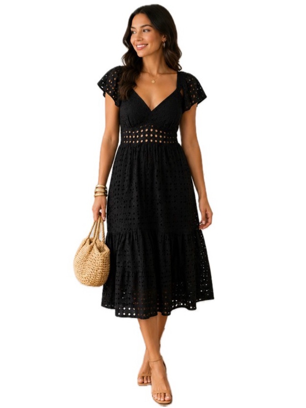 Eloquii, Black Eyelet Midi Dress Flutter Sleeve Resort, Size 14